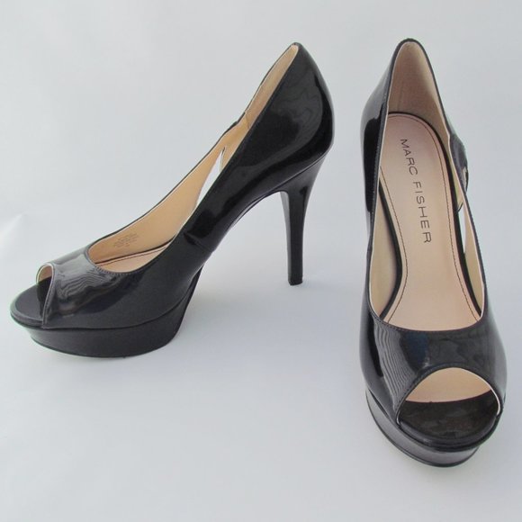 Marc Fisher Tumble 3 BLACK PLATFORM PUMPS Peep Toe Patent Look Heels 9 M - Picture 6 of 11
